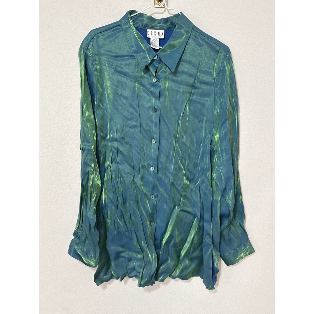 VTG Erena Iridescent Button Down Shirt Womens 2X Teal Green Shimmer Metallic Y2K